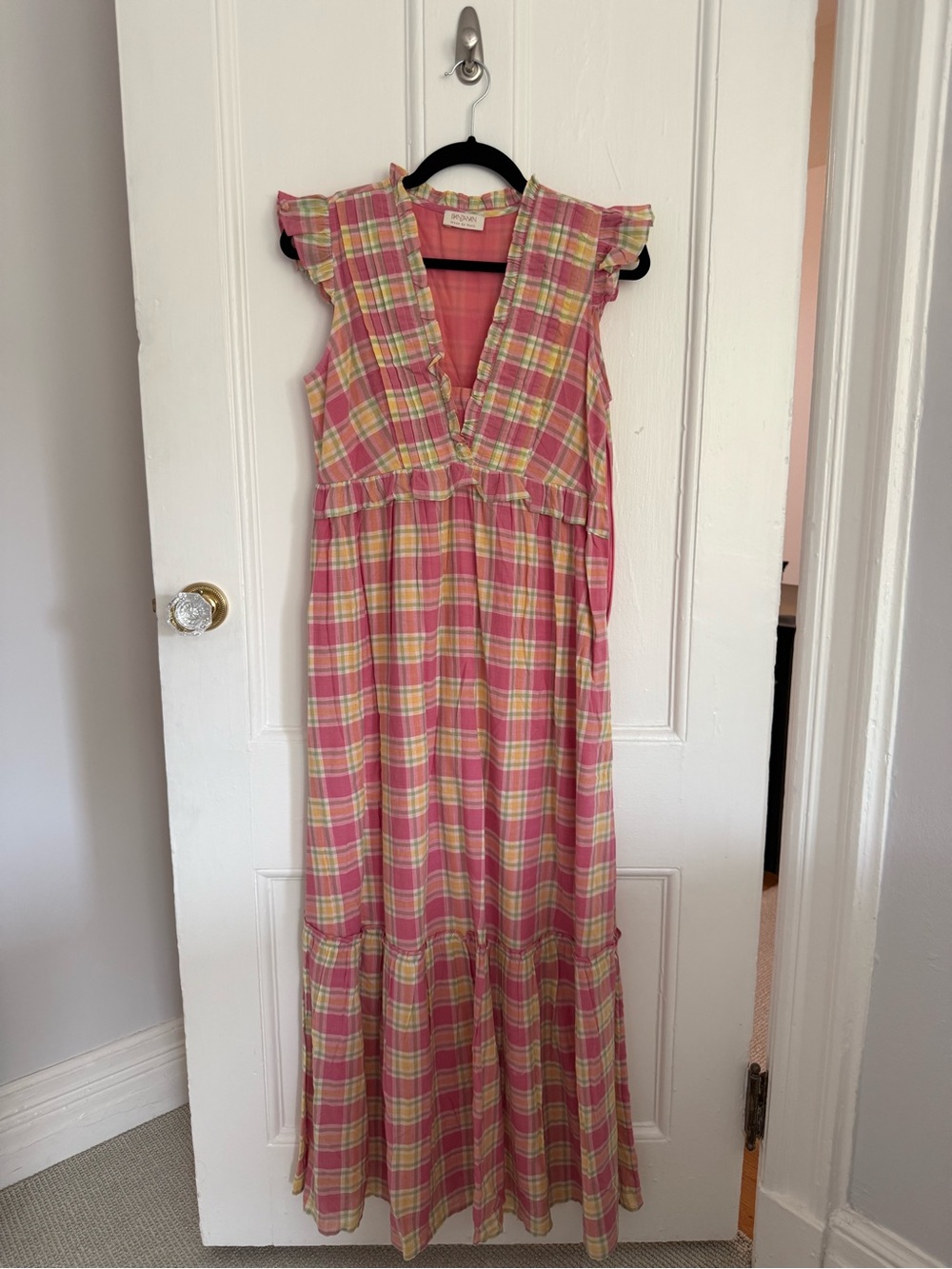 Banjanan Pink and Yellow Plaid Ruffle V-Neck Maxi Dress Constance